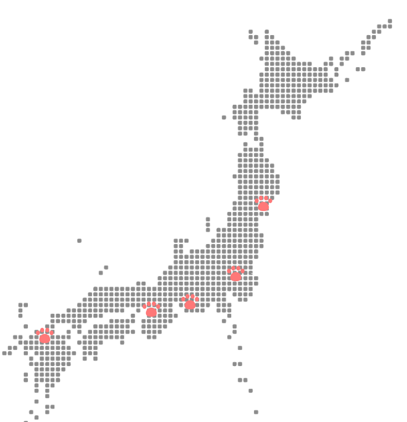 対応エリアのマップ（福岡・大阪・愛知・東京・宮城）